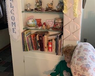 Books, life sized antique doll, briefcase, cute bird figurines 