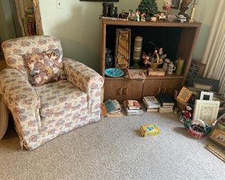 Oversized comfortable arm chair, entertainment center, Christmas items
