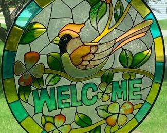 Stained glass cardinal welcome sign