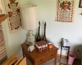 Mid century modern end table, vintage lamp, mid century glass bottles 