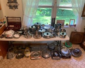 Pots, pans, serving trays, baking pans, flatware