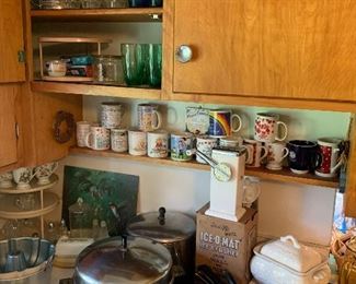 Vintage electric fry pan, mugs, vintage Popeye glasses, antique Ice-O-Mat ice crusher with original box, vintage blue and green glasses