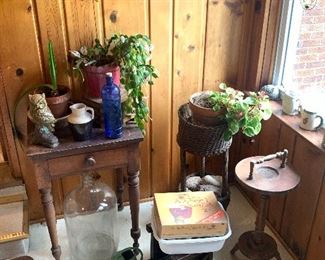Plant stands, ash tray, plants, water jug