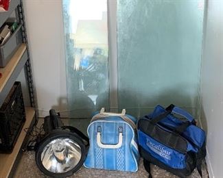 bowling balls, glass shelves