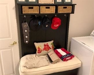 Hall tree, art, dog bowls, Detroit Tigers and Red Wings hats