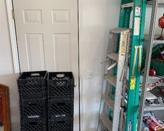 Milk crates, fiberglass and aluminum ladder