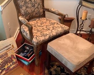 Antique chair, ottoman, records