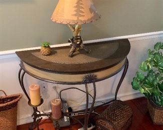 Half moon table, rustic lamp, candles