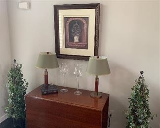 Elegant cherry drop leaf table, lamps, art, plants