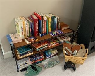 shoe rack or shelf, sandals, books, vintage marbles
