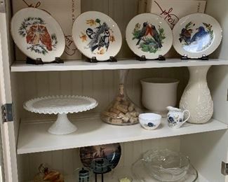 Collectable plates, cake plate, candlesticks, glassware