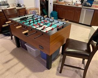 Foosball table, matching leather bar chairs
