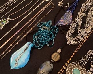 Hand blown glass pendants, turquoise, sterling