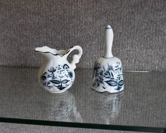 Vintage Lot of 2 Porcelain Bell and Creamer | Blue Onion | B 5.5" x 2.75" C3.5" x 3"