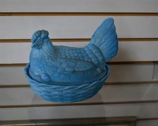 Vintage Blue Slag Glass Hen on Nest Basket | Heisey | 7.25" x 8" x 6.5"