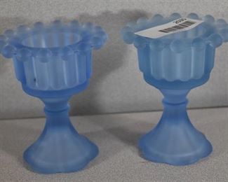 VTG Lot of 2 Blue Frosted Glass Hobnail Votives/Pedestal Dishes | 4.5"