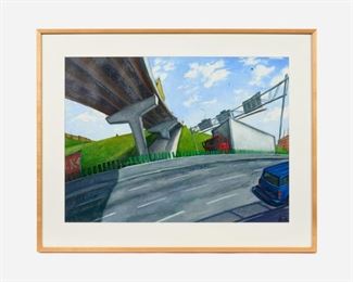 125. ROD MASSEY "Freeway with Red Truck" (1987 Oil on Paper)