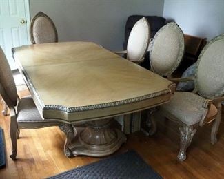 Lilly Industries Solid Wood Dining Table, 30.5" x 80" X 45", 2 15" Leaves, And Oval Backed Chairs, Qty 6