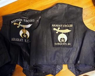 Genuine Leather Riding Vests, Qty 2, 3XL And 56, With Sewn On Ararat Of Kansas City Patches, Harley Davidson Riding Chaps, Size XL, And Leather Cap