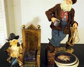 Ceramic Mule, R/G Award Systems Mirth Is King Figurine, Cowboy Santa, Dog Coasters, And Wooden Mule