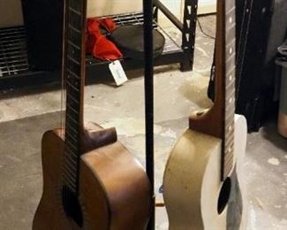 Vintage Kay 6 String Acoustic Guitar, Model K570N, Unmarked Acoustic Guitar Missing Strings, And Metal Guitar Stand