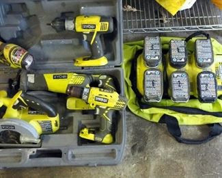 Ryobi One + 18V Cordless Drivers, Qty 2, Reciprocating Saw, Circular Saw, And Super 6 Port Charger With Batteries