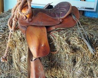 Leather 12" Pony Saddle With Padded Seat And Covered Stirrups, Includes Girth And Lead Rope
