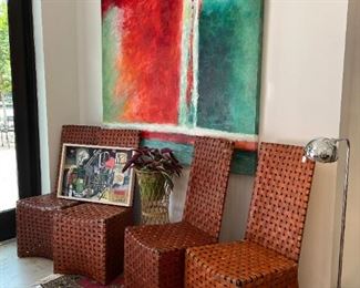 Basquiat-inspired painting, Leather woven dining chairs, Large 61x61 painting by Rosemary Zwick