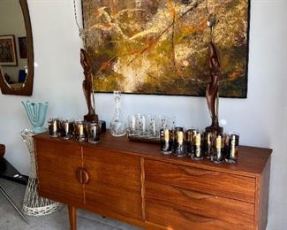 Teak Credenza, MCM Painting, Heifetz Figural Lamps