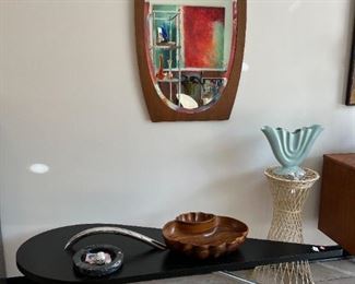 Chrome & Ebonized Wood Coffee Table, Atomic MCM Teak Mirror, Gladiola Vase, Fiberglass Plant Stand