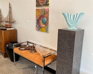 Laminate Pedestal, Tufted Velvet Bench, Original Art