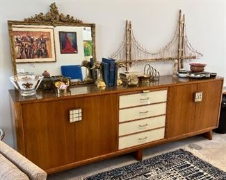 96" MCM Credenza, Curtis Jere, Brass Objects, Afghan rug, Ornate Mirror