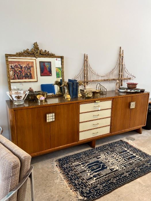 96" MCM Credenza, Curtis Jere, Brass Objects, Afghan rug, Ornate Mirror