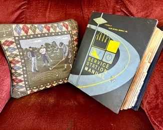 handsticed pillow, vintage service station manual