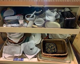 Pyrex, toaster, baking pans, dishes