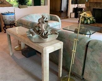 Sofa table, brass floor lamp