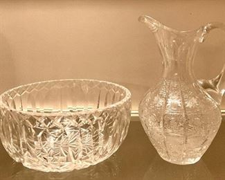 Item 16:  Waterford Bowl - 8" x 3.5" (left):  $58                                                       Item 17:  Pressed Glass Pitcher - 8" (right): $14