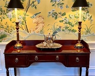 Item 24:  Baker Furniture Banded Inlaid Mahogany Console Table With 3 Drawers- 52"l x 18"w x 36"h:  $645