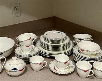 Item 39:  Villeroy & Boch "Trio" China: $225                                                                    5 dinner plates, 7 dessert plates, 7 soup bowls, 8 tea cups & saucers, serving bowl, creamer & sugar bowl