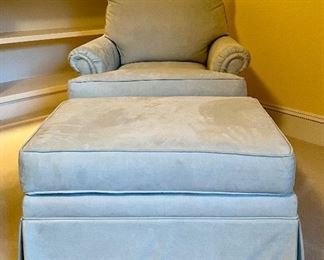 Item 60:  Ethan Allen Armchair & Ottoman (ocean mist greenish-bluish):  $545                                                                                  Armchair - 33"l x 20.5"w x 32"h                                                               Ottoman - 29.5"l x 19.5"w x 17"h