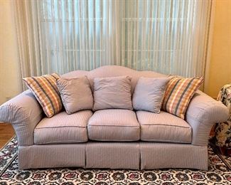 Item 79:  Drexel Heritage Baby Blue Three Seat Sofa with Cotton Upholstery (there are parts of the sofa under the antimacassers that show fading - 84"l x 26"w x 35"h:  $550