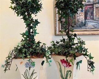 Item 132:  Painted Planters by Judy Dinnick with Faux Ivy Topiaries, Signed - 31"h:  $95 for pair
