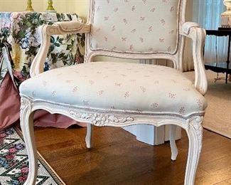 Item 82:  Painted, Upholstered, Carved Arm Chair - 25.5"l x 22"w x 40.5"h:  $175