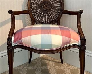 Item 89:  Pretty Caned, Medallion Back Occasional Arm Chair with Pink, White and Blue Plaid Silk Upholstered Seat and Medallion - 26"l x 21"w x 37.5"h:  $245