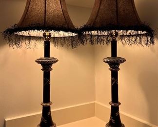 Item 113:  (2) Black Dragonfly Lamps with Accents of Pearls & Silver - 28": $225 for pair
