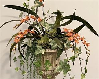 Item 144:  Heavy Concrete Urn with Faux Flowers & Succulents - 33":  $75