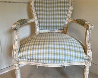 Item 104:  Ethan Allen Armchair, blue, white and green plaid - 24.5"l x 22.5"w x 37.5"h:  $175