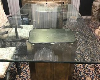 Goldtone based, double column, glass top table/