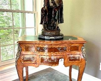 $1000 - French Ormolu leather top table with beautiful bronze detail, 36 x 25 x 32.