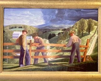 SOLD $600 - “Fence Builders” by Bryan Hayes - Missouri Countryside signed limited edition - framed 42.5 x 2 x 30.5, art 35.5 x23.5